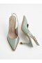 Women's Aqua Green Pointed Toe Thick Sole Open Back Gold Detailed Heeled Shoes - Stiletto - 3