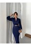 Women's Pleated Sleeve Evening & Wedding Dress with Gold Belt - 3