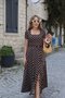 Buketli̇ Women's Square Collar Large Polka Dot Belted Slit Short Sleeve Combed Cotton Long Dress - 3