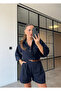 Women's Navy Blue Shirt & Shorts Belted Denim Set - 2