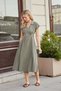 Women's Modal Diagonal Double-Breasted Wrap Collar Skirt with Pleated Pockets, Midi Length Below the Knee Dress-Khaki - 4