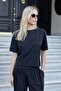 Women's Silky Textured Flexible Modal Fabric Wide Zero-Neck Short Sleeve Blouse-Black - 3
