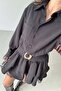 Women's Black Shirt Collar Lace Detailed Belted Ruffled Mini Dress 6128 - 5