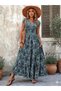 Women's Maxi Length Patterned Summer Jersey Dress with Elastic Detail at the Waist - 4