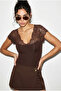 Women's Bitter Brown Lace V-Neck Body Hugging Blouse 36012 60286290 - 2