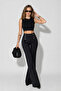 Women's Black Striped Button Detail Flared High Waist Trousers - 2