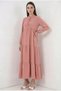 Women's T-Neck Gathered Waist Ruffled Lace-Up Viscose Powder Dress - 6