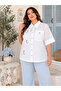 Plus Size Mesh Detailed Floral Appliqued Shirt Collar Buttoned Short Sleeve Women's Shirt