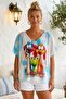Italian Blue-White-Mint V-Neck Low Sleeve Slim Digital Printed Casual Mercerized Knitwear Blouse 66 65 - 2