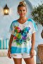 Italian White-Blue V-Neck Low Sleeve Slim Digital Printed Casual Mercerized Knitwear Blouse 66 65