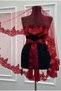 Burgundy Bridal Veil Set, Sparkling Lace and Pearl Decorated Henna Night Veil and Head Cover, 6 Pieces - 4