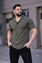 Men's Waffle Fabric Short Sleeve Buttoned Open Collar Regular Fit Shirt - Khaki