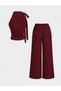 Burgundy Halter Neck Crop Top with Chest Rose Detail and Wide Leg Bottom Set - 2