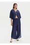 Navy Blue Slit Detailed Linen Trousers