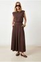 Women's Brown Padded Top Blouse with Bottom Pockets Pleated Skirt Modal Buttoned Set Tkm-19000500 - 4