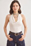 Women's Ecru Degaje Collar, Halter Neck, Backless, Viscose Elastane Fabric, Snap Fastener Bady Suit Blouse - 2