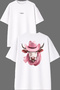 Pink Hat Cow Design Front and Back Printed White Oversize T-Shirt