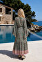 Green Floral Viscose Kimono Dress Summer Long Double Breasted Collar Belted Bohemian Model - 3