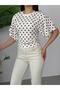 Women's White-Brown Crew Neck Wide Sleeve Polka Dot Blouse Elt7249