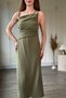 Khaki Midi Dress with Linen Shoulder Accessory Detail and Slits - 7