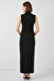 Women's High Collar Gathered Zero Sleeve Black Dress - 7