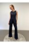 Premium Thin Denim Look Contrast Stitched Gold Buttoned 2-Piece Modern Cut Navy Blue Vest and Trousers Set - 4