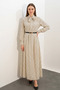 Women's Scarf Collar Belted Polka Dot Cream Hijab Dress - 3