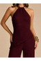 Burgundy Halter Neck Asymmetrical Hem Wide Leg Bottom and Top Set - 3