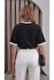 Women's Black and White Piping Decorated Medium Thick Soft Fabric Crew Neck Half Oversize Casual T-Shirt - 3