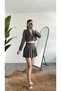 Women's Anthracite Striped Lined Single Button Crop Jacket Belted Lined Pleated Skirt Set - 4