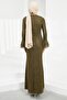 Khaki Lace Evening Dress with Flounces and Stones on the Sleeves - 5