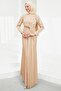 Beige Front Detailed Stoned Evening Dress - 5