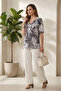 Women's Oversize Lycra V Collar Stone Patterned Short Sleeve Mother T-Shirt Combed Cotton Blouse - 5
