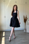 Waist-Tied, Flared Short Black Dress with Suspenders - 6