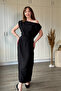 Off-Shoulder Linen Midi Black Dress - 6