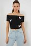 Women's Madonna Collar Butterfly Detailed Black Blouse - 2