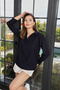 Women's Navy Blue V-Neck Long Sleeve Comfortable Fit Blouse Shirt - 4