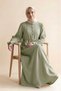 Olive Green Women's 100% Cotton Muslin Fabric Waist-Tied Drawstring Buttoned High Collar Long Hijab Dress Anti-Sweat Summer Dress - 5