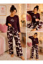Women's Burgundy Floral Patterned Long Sleeve Pajama Set Comfortable Home and Sleepwear - 2