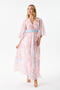 Pink Color Blue Flower Patterned Belted Satin Dress with Inner Lining - 2