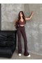 Women's Brown Color Spanish Leg Belt Gathered Detailed High Waist Gathering Stretchy Plain Leggings - 8