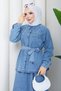 Women's Belted Stone Detailed Skirted Two-Piece Denim Set - 3