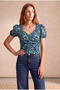 Women's Green Floral Patterned Wrinkled V-Neck Balloon Sleeve Gathered Front Crop Blouse Ofelia - 5