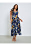 Navy Blue Floral Sleeveless A-Line Midi Dress