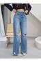 Women's High Waist Wide Leg Knee Ripped Detailed Tassel Hem Blue Jean Trousers - 7