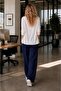 Dark Blue Cotton Pants with Elastic Waist and Laces, Comfortable Cut, Wide Legs - 2