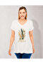 Plus Size Feathered Grace Printed V-Neck Short Sleeve Side Slit Blouse