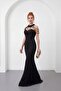 Women's Black Collar Detail Beaded Long Evening Dress