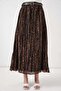 Women's Belted Pleated Patterned Brown Skirt - 2