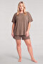 Women's Plus Size Brown Ribbed Textured Shorts Pajama Set - 4